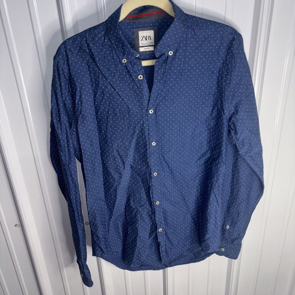 Zara Mens Slim Fit Blue with White Polka Dot Dress Shirt Size Med